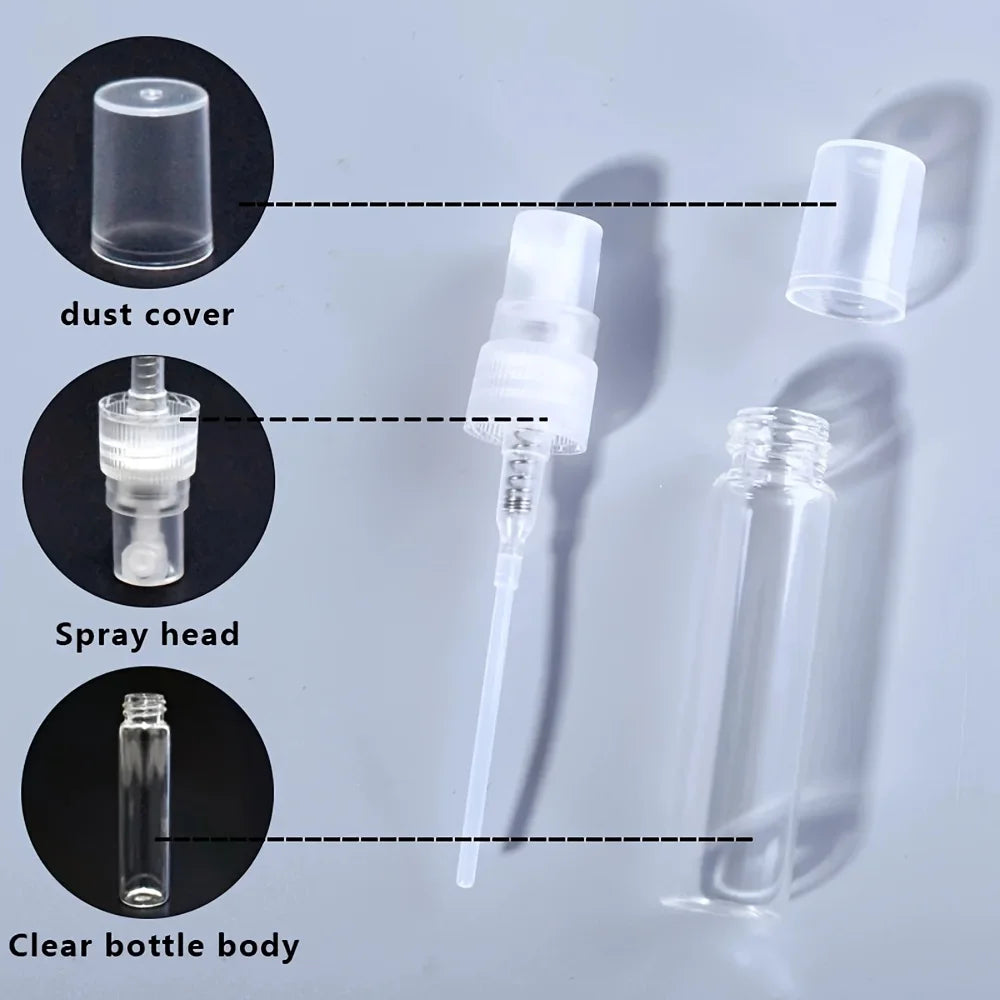 50pcs 4 Accessories 10ML Refillable Glass Spray Bottle with 50 Spray Bottles, 1 Dropper, 1 Funnel, 1 Dispenser Divan, 1 Syringe