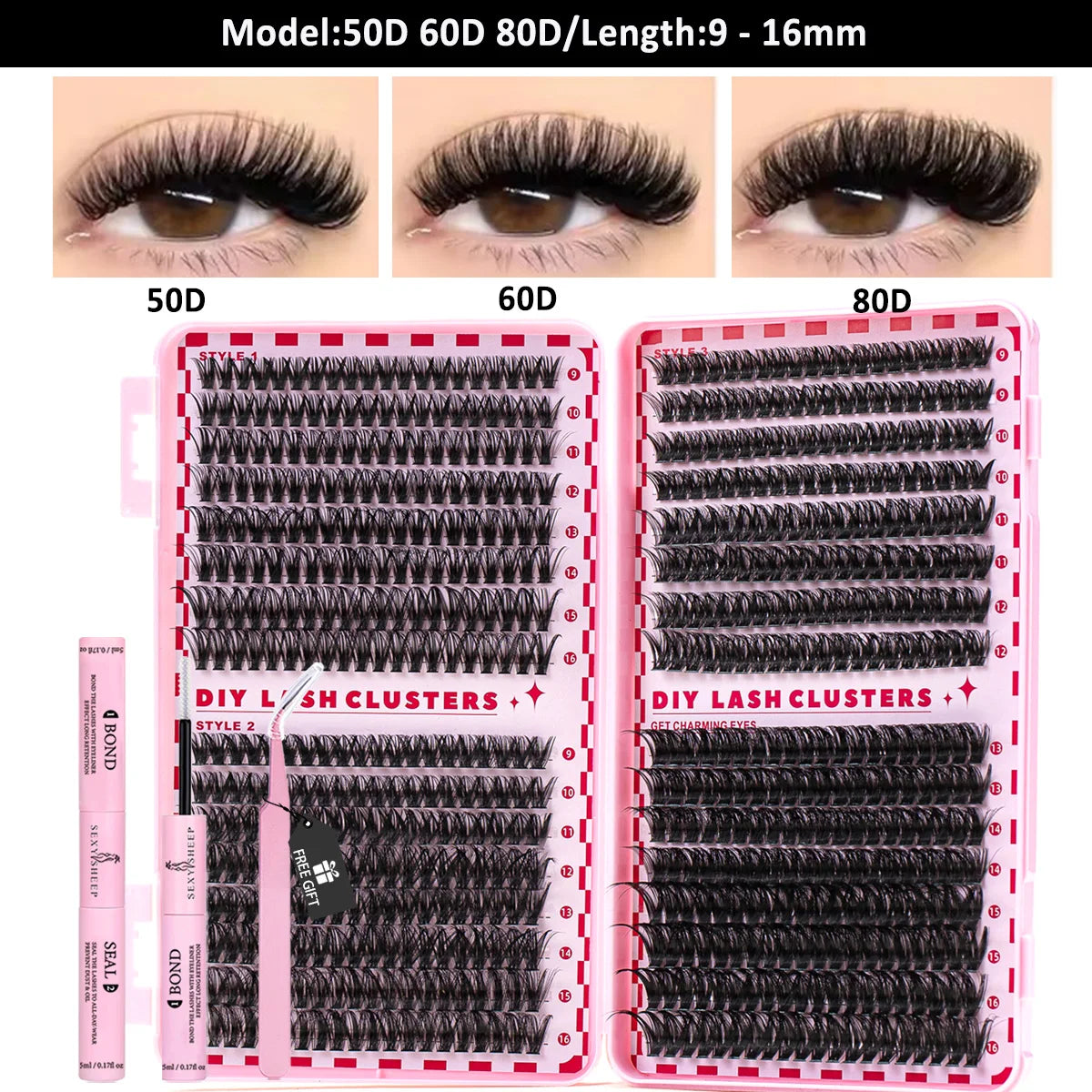 Lash Clusters Kit Cat Lashes with Lash Bond & Seal Cluster Eyelash Extensions Mix Styles Eyelash Clusters Kit DIY at Home Makeup