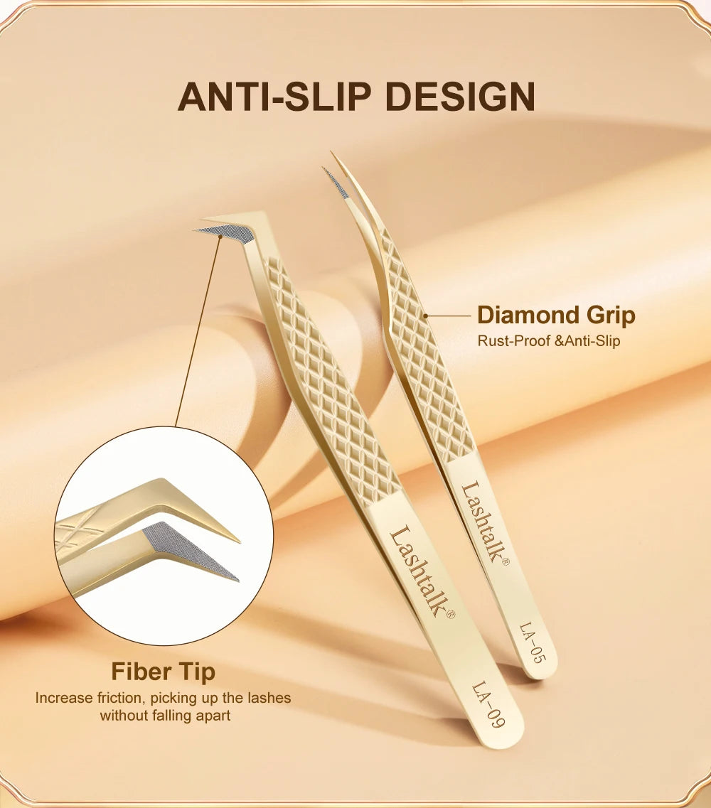 Lashtalk Precision Fiber Tip Tweezer Eyelash Extensions Diamond Grip Anti-Slip Premium Gold Stainless Steel Makeup With Box Pack