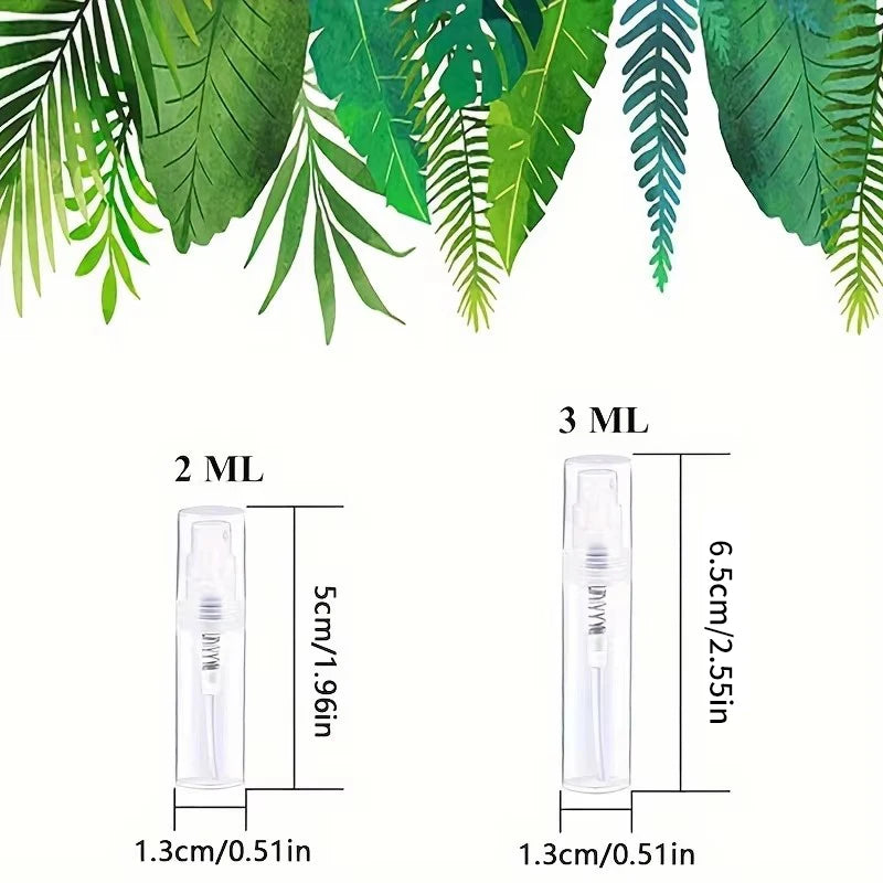 100 Spray Bottles 2ML/3ML- Odorless, BPA-free clear refillable travel atomizer, portable mini-sprayer for perfume and cosmetics