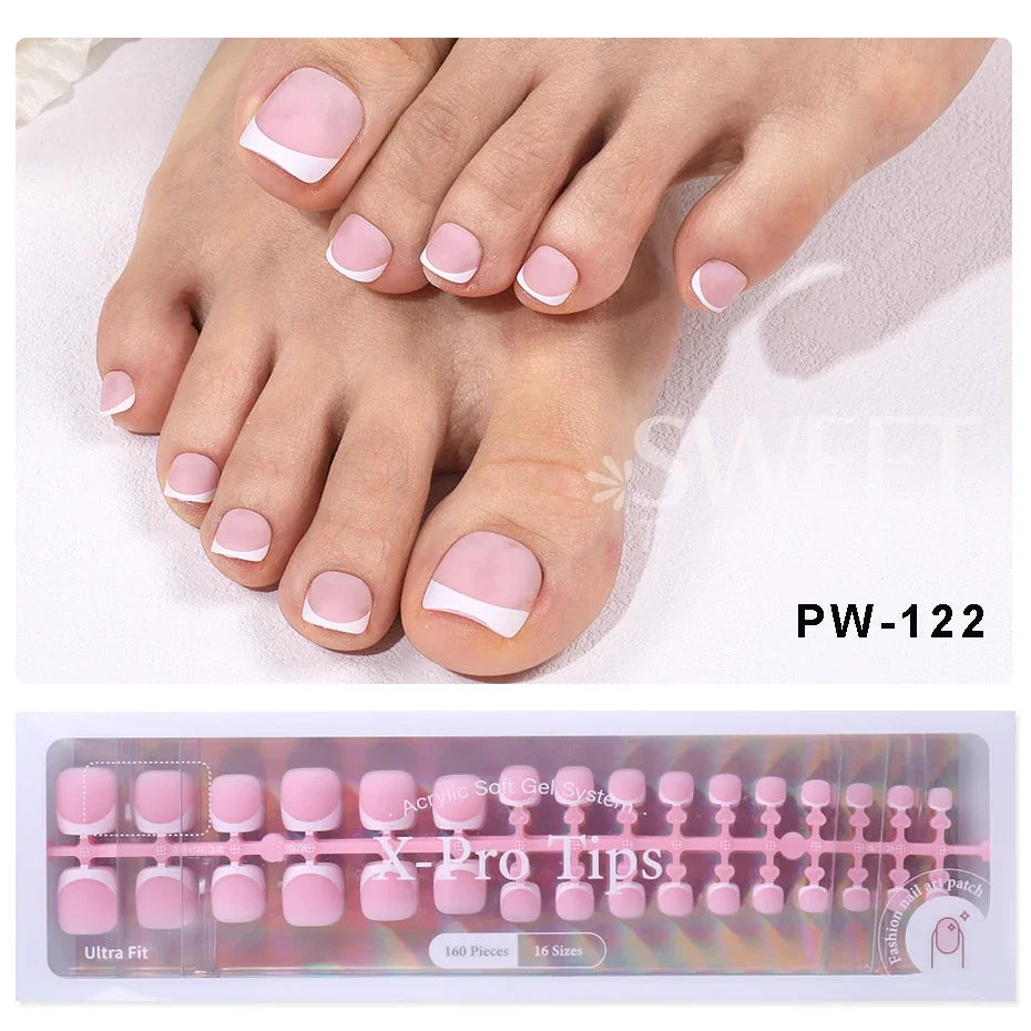 160pcs Fake Toe Nail Tips Pink French Short Square Full Cover Natural Artificial Acrylic Fake Press On Toenails For Nail Salons