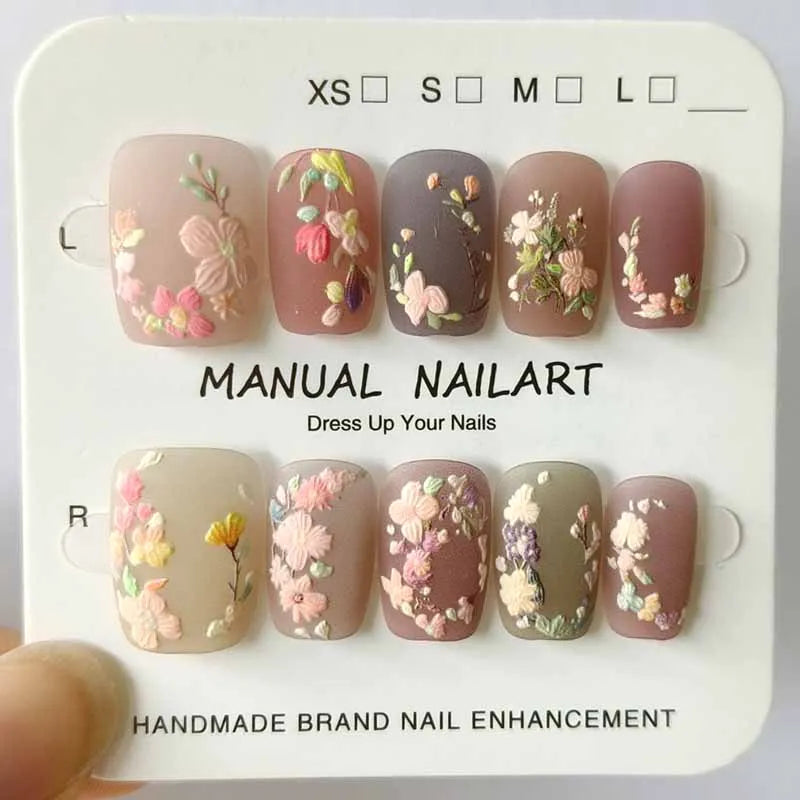 10Pcs 3D Embroidery Feel Colorful Flowers Caramel Iced Coffee Camellia Gilded Gold Wearing Armor Press on Nails Trend Nail Art