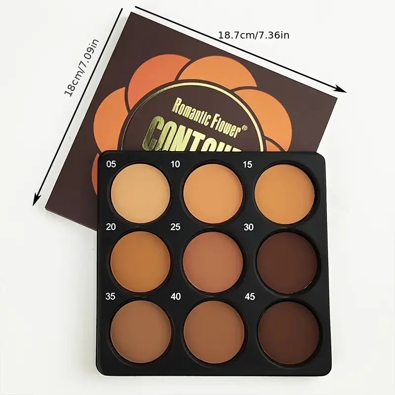 9-Color Dark Bronze Foundation Palette, for Contouring, Concealing, Setting Makeup, Oil Control, Shading, and Nose Shadowing, with a Matte Finish and Subtle Shimmer
