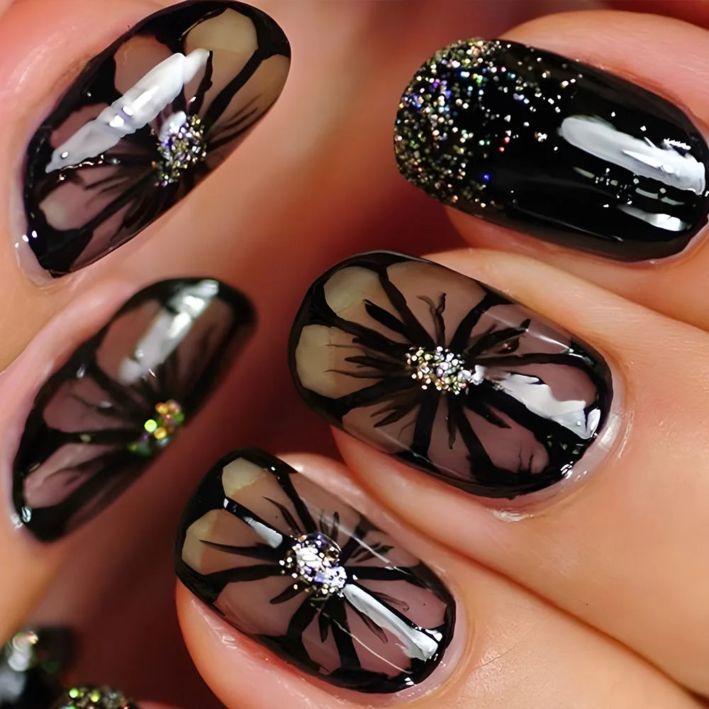 24pcs/set short medium long fake nails for Spring summer season gradient peach flowers butterfly heart press on false nail art