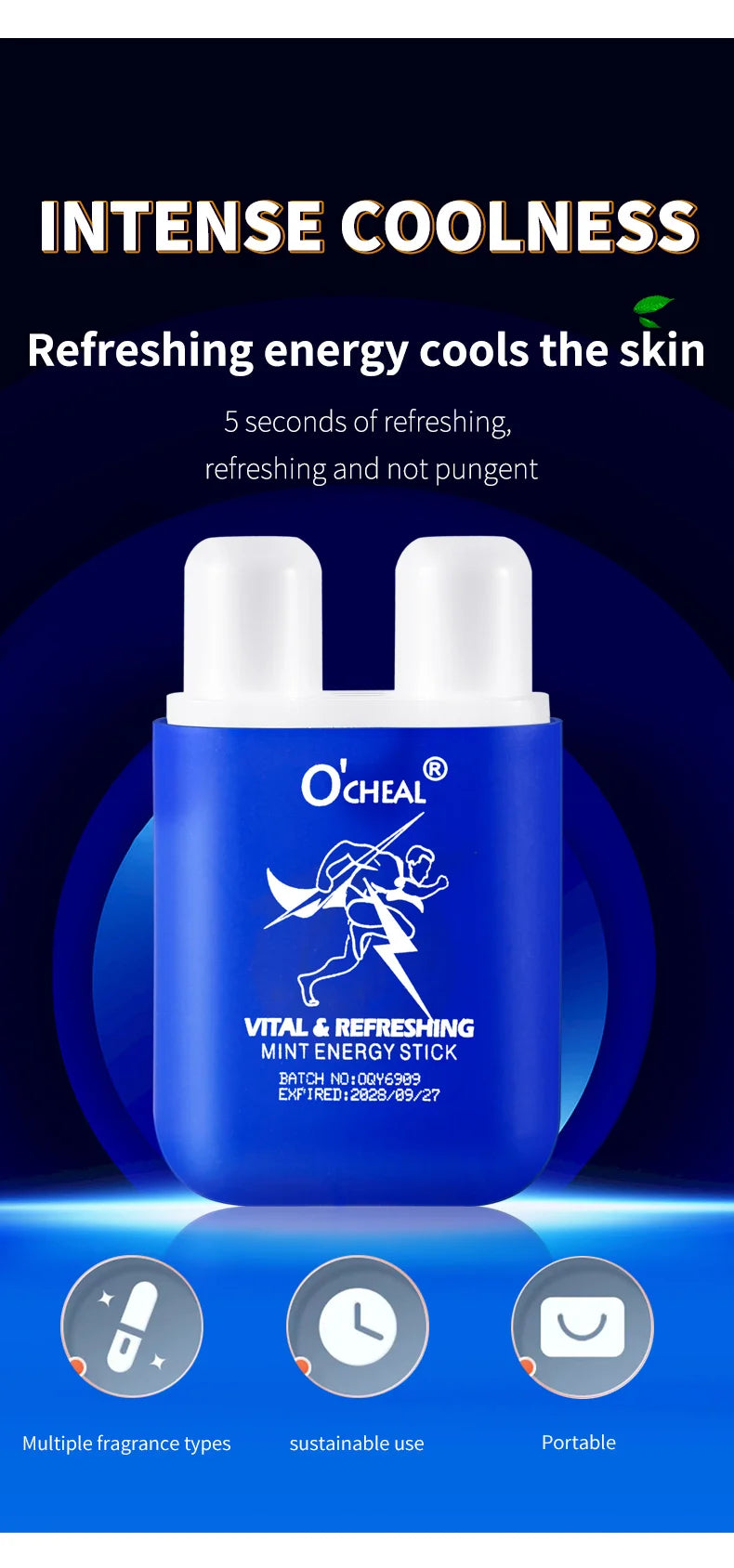 O'cheal Energy Stick Double Hole Energizing Energy Bar Fresh Mint Scent Refreshing Fatigue Relief Inhaler Energy Vapors Stick