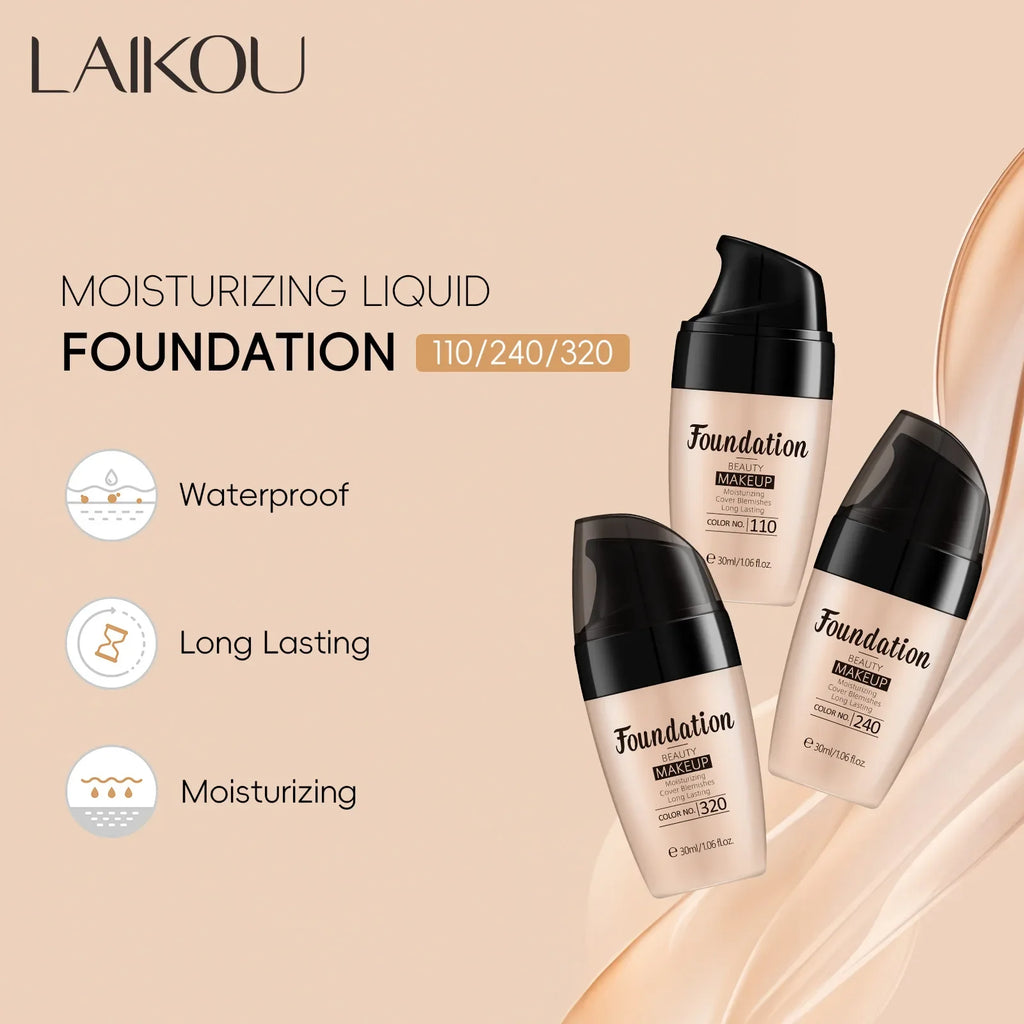 LAIKOU Liquid Foundation Multiple Shades Hydrating Natural Finish Creamy Full Coverage Makeup Base Long Lasting Wear 30ml