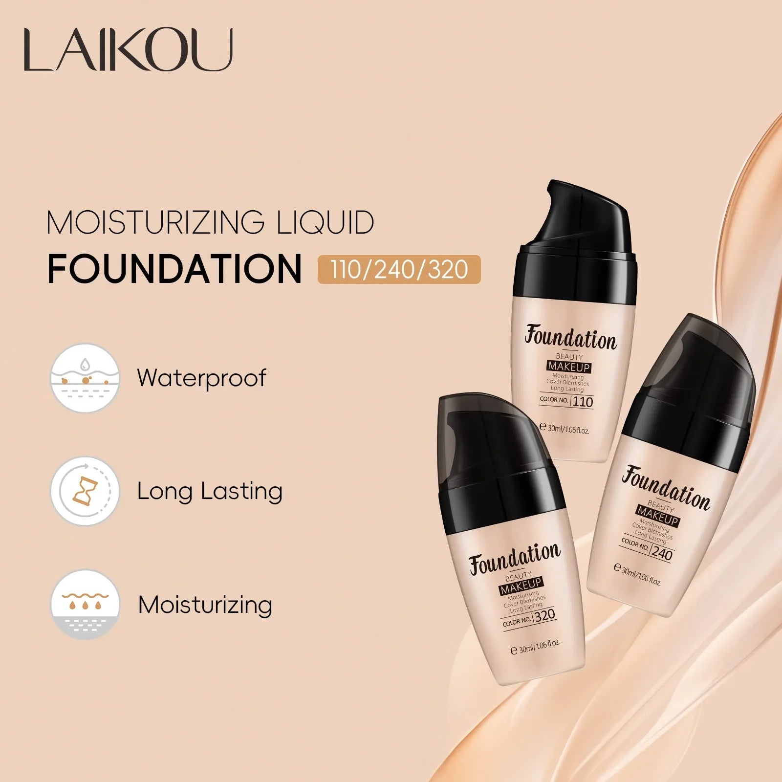 LAIKOU Liquid Foundation Multiple Shades Hydrating Natural Finish Creamy Full Coverage Makeup Base Long Lasting Wear 30ml