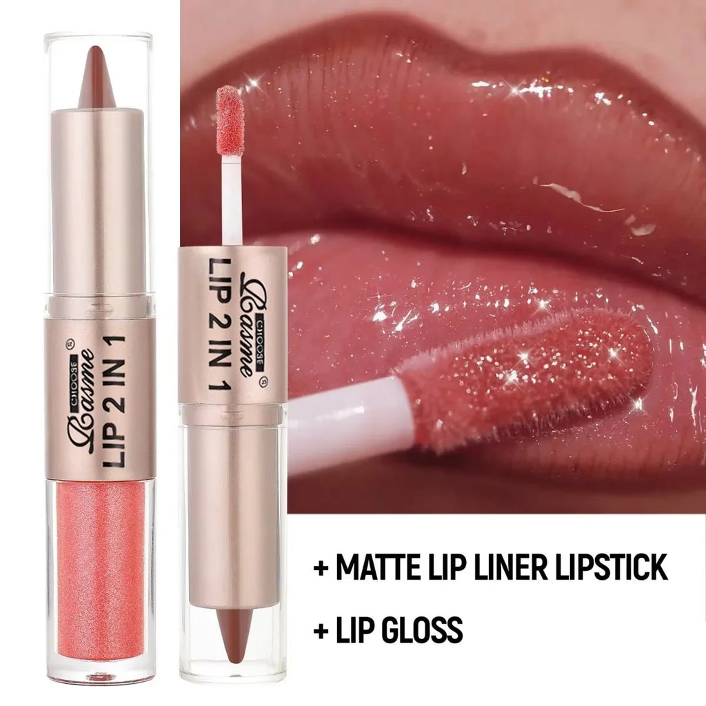 2-in-1 Lipstick & Lip Gloss, Dual-End Design, Waterproof Long-Lasting Lip Liner, Moisturizing Glossy Finish for Plump Lips