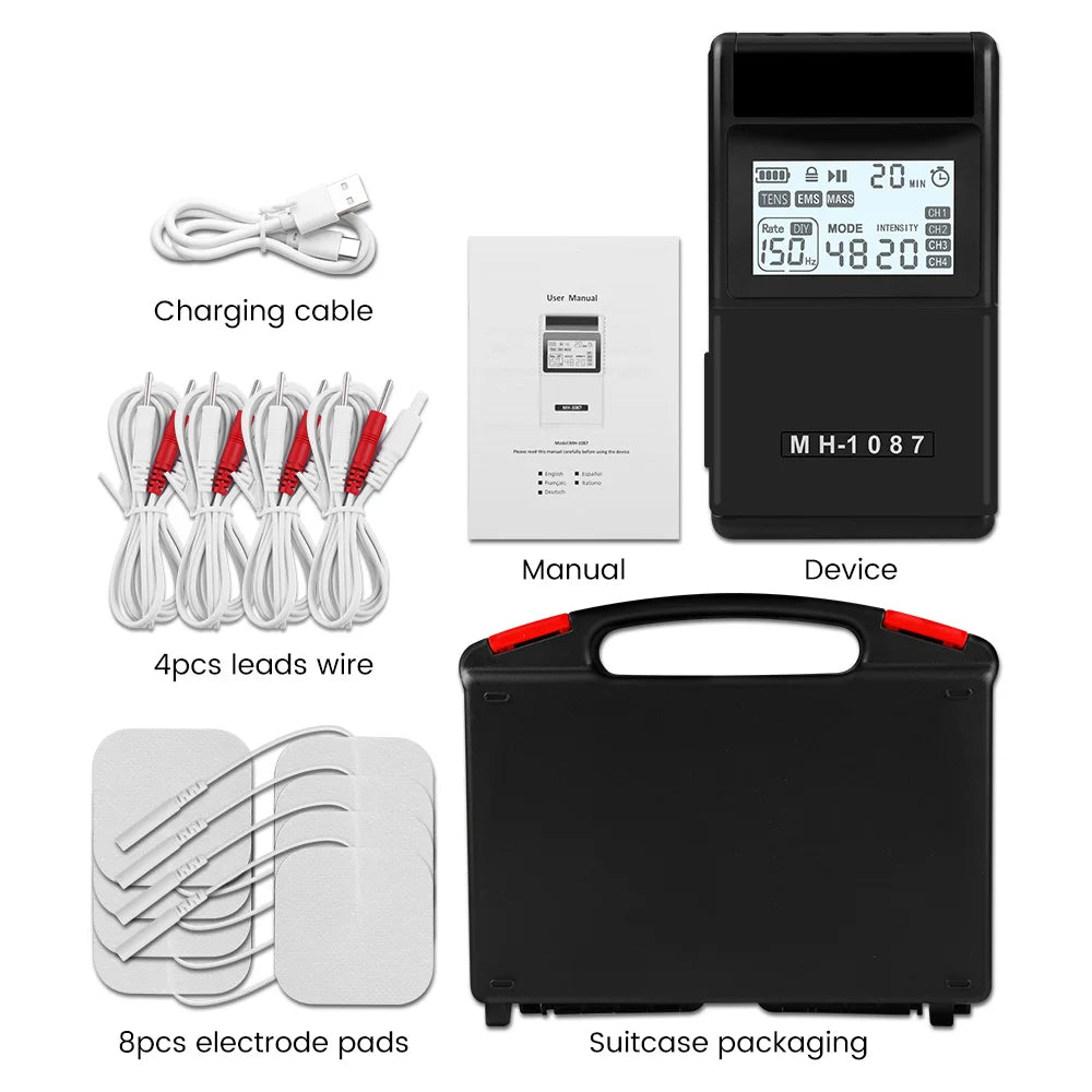 Digital TENS Unit Machine 4-Channel Tens Electrostimulator Rechargeable Body Muscle Stimulator with 20 Intensity for Pain Relief