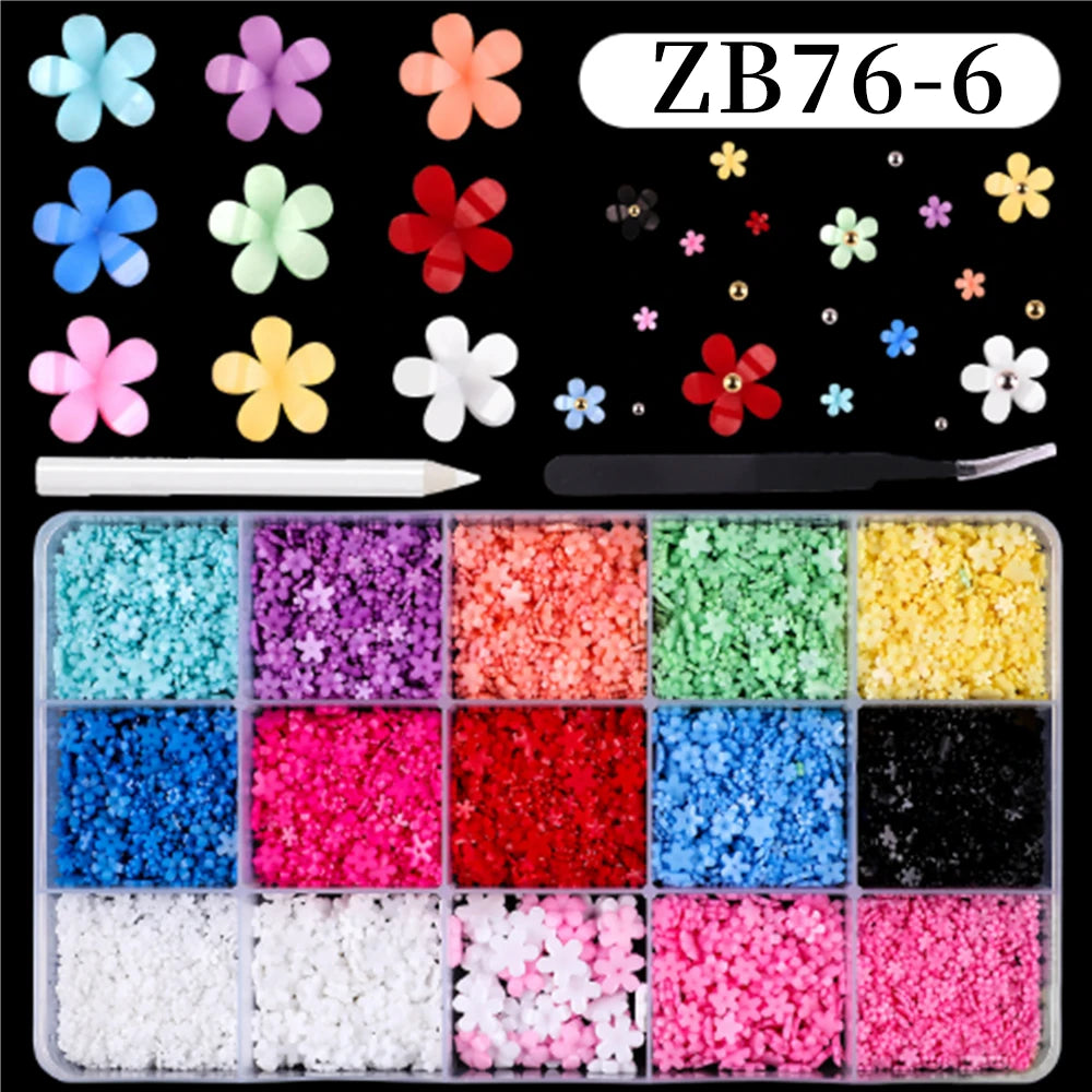 1Box 3D Pink/White Acrylic Flower Nail Charms with Gold&Silver Steel Beads Nail Art Decorations DIY Crafts Manicure Accessories