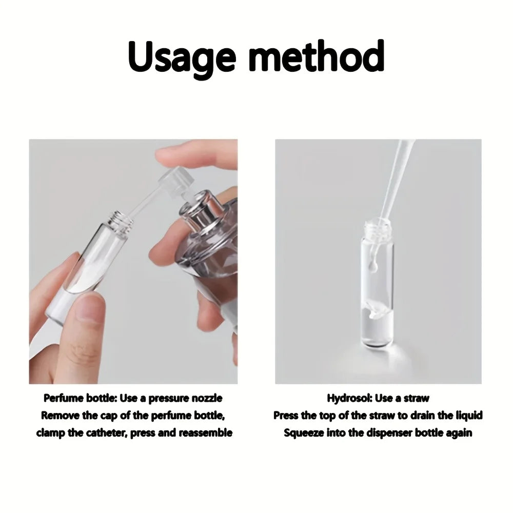 50pcs 4 Accessories 10ML Refillable Glass Spray Bottle with 50 Spray Bottles, 1 Dropper, 1 Funnel, 1 Dispenser Divan, 1 Syringe