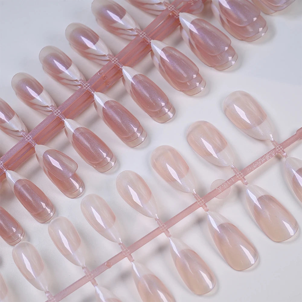 120pcs French Pearlescent Fake Nails Short Almond Full Cover Press On Nail White Edge Design 12Sizes Pink French-False Nail Tips