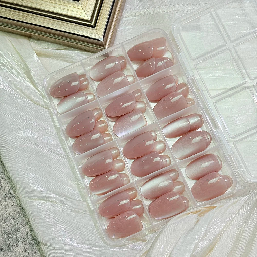 144Pcs/Box Nude Pink Cat's Eye Press On Nails Glossy Short Round Head Fake Nail Detachable Full Cover False Nailtip DIY Manicure