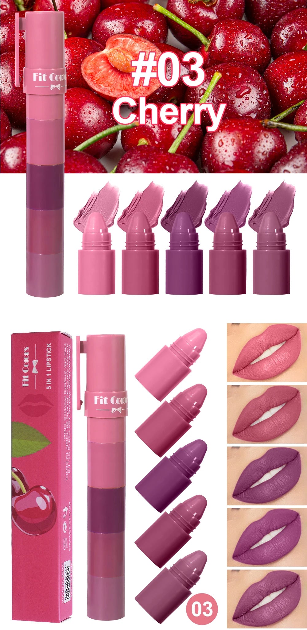 5-in-1 Fruit Velvet Matte Lipstick Set, Long-Lasting, Highly Pigmented, Moisturizing Lip Balm, Smooth Application for Soft lips