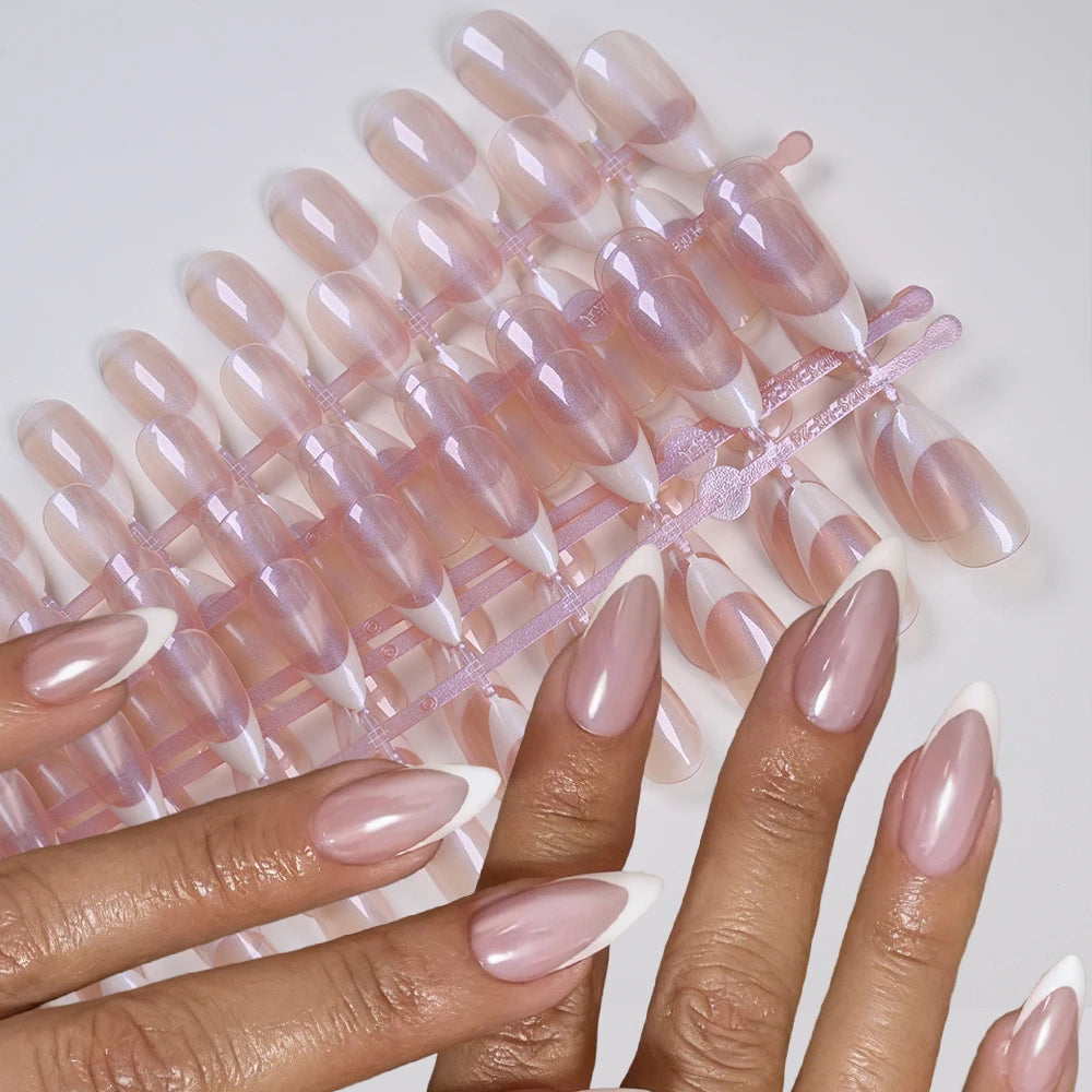 120pcs French Pearlescent Fake Nails Short Almond Full Cover Press On Nail White Edge Design 12Sizes Pink French-False Nail Tips