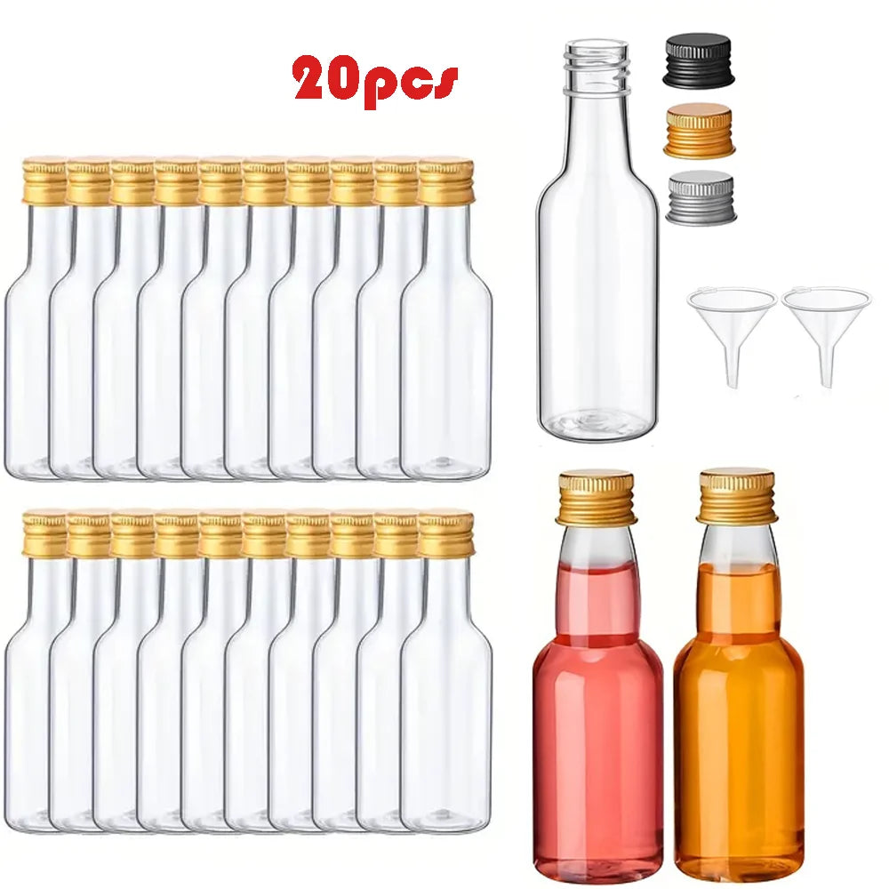 20 Mini Wine Bottles with Gold, Silver or Black Lid, 1.7 oz Plastic Small Cups with 2 Funnels - Reusable Party, Sample and Spirits Drink Container