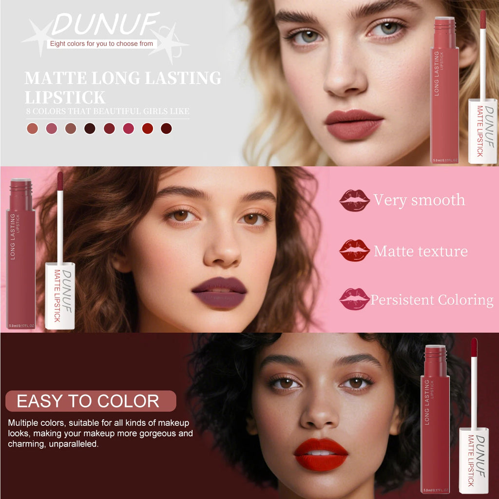 Long-Lasting Lip Gloss Lipstick 8pcs/set: Matte Non-Stick Cup Waterproof Nude Deep Red Mauve Christmas And Valentine's Day Gifts