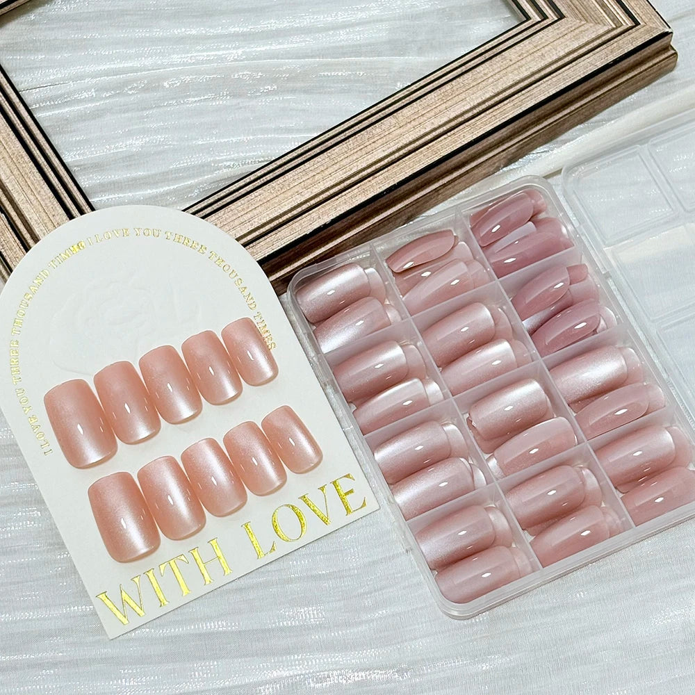 144Pcs/Box Nude Pink Cat's Eye Press On Nails Glossy Short Round Head Fake Nail Detachable Full Cover False Nailtip DIY Manicure