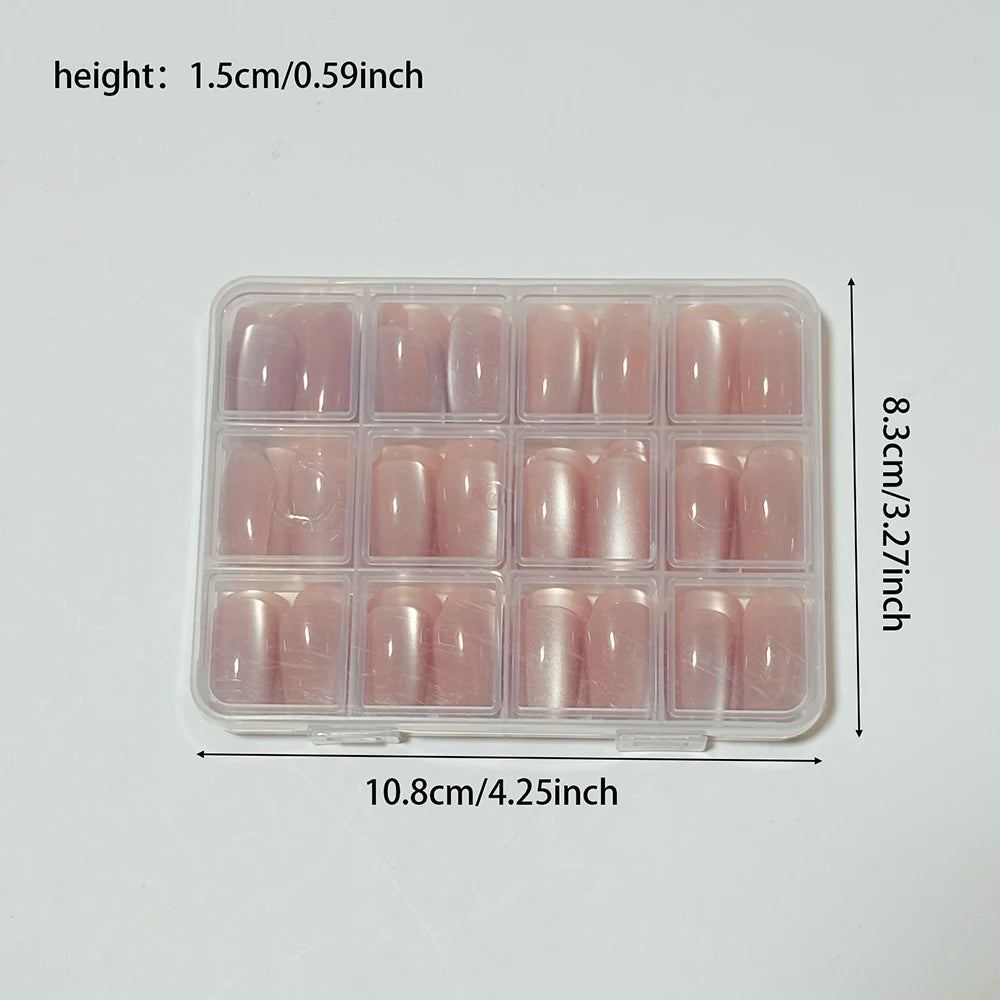 144Pcs/Box Nude Pink Cat's Eye Press On Nails Glossy Short Round Head Fake Nail Detachable Full Cover False Nailtip DIY Manicure