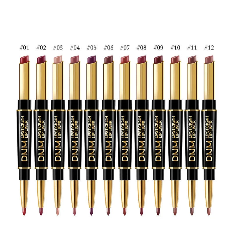 DNM 2 In 1 Matte Lipstick Pencil Double Head Lip Liner Pen Long Lasting Waterproof Lady Charming Nude Red Lipliner Pencil Makeup