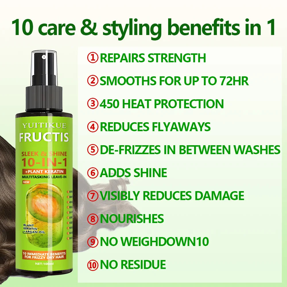 10-in-1 Hair Spray, Containing Plant Keratin, Offers 10 Major Benefits for Dry and Frizzy Hair, Including Repair and Smoothing.