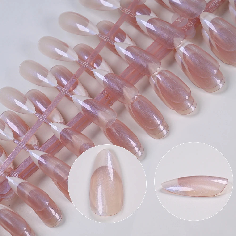 120pcs French Pearlescent Fake Nails Short Almond Full Cover Press On Nail White Edge Design 12Sizes Pink French-False Nail Tips