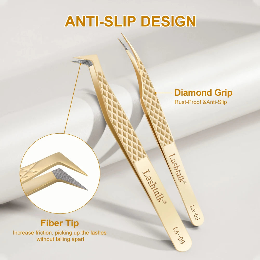 Lashtalk Precision Fiber Tip Tweezer Eyelash Extensions Diamond Grip Anti-Slip Premium Gold Stainless Steel Makeup With Box Pack