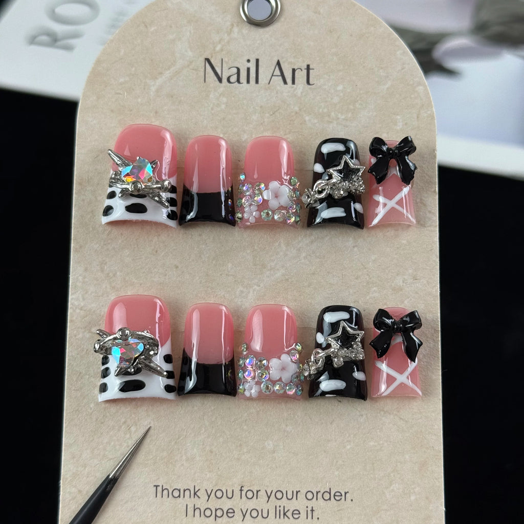 10pcs high-end Sweet and cool girl style, hand-painted three-dimensional bows, stars, and glittering diamonds handmade fake nail