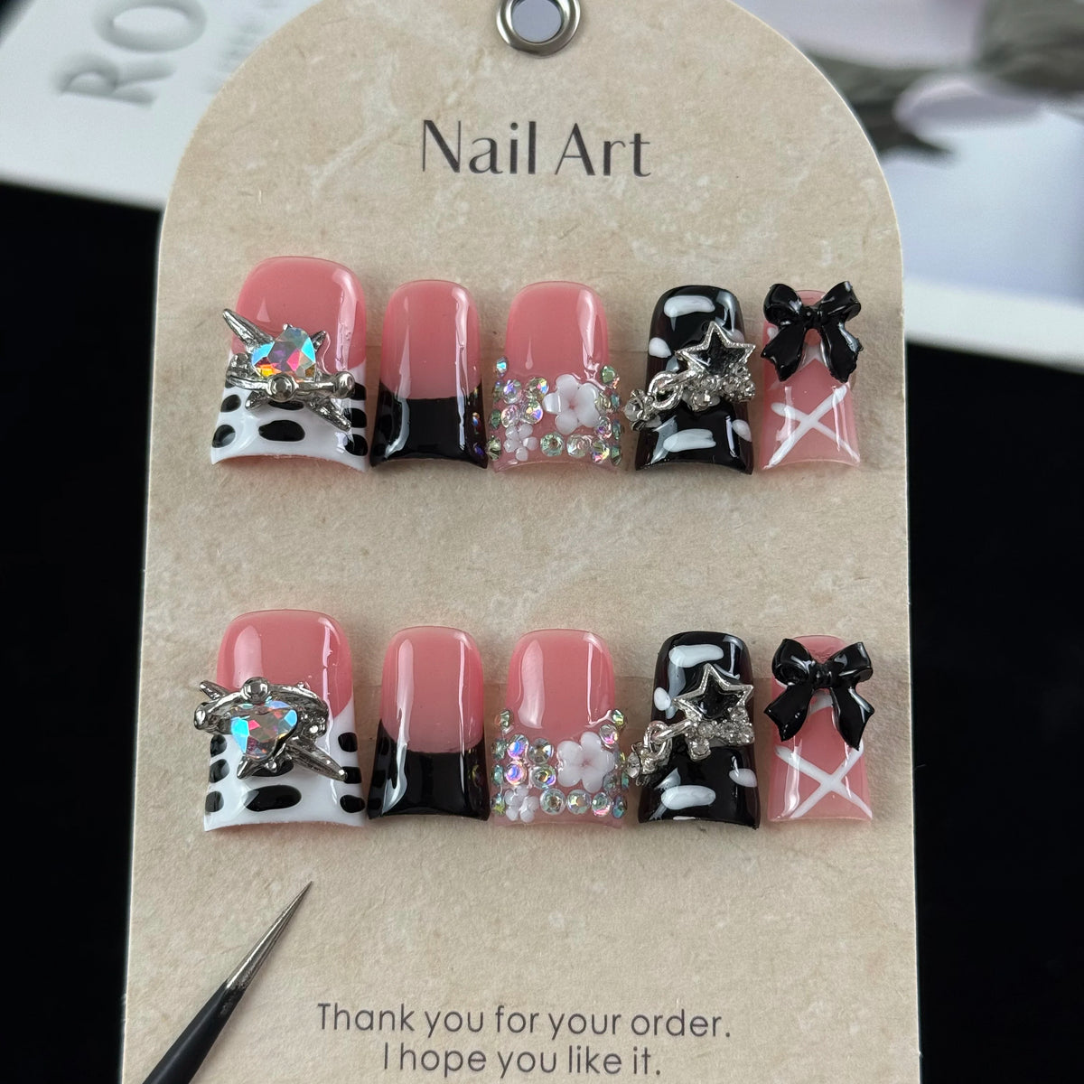 10pcs high-end Sweet and cool girl style, hand-painted three-dimensional bows, stars, and glittering diamonds handmade fake nail