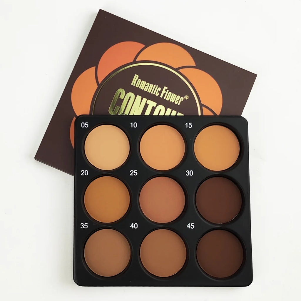 9-Color Dark Bronze Foundation Palette, for Contouring, Concealing, Setting Makeup, Oil Control, Shading, and Nose Shadowing, with a Matte Finish and Subtle Shimmer