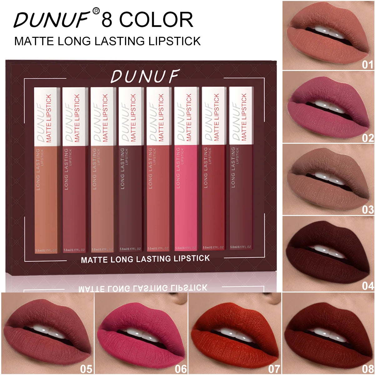 Long-Lasting Lip Gloss Lipstick 8pcs/set: Matte Non-Stick Cup Waterproof Nude Deep Red Mauve Christmas And Valentine's Day Gifts