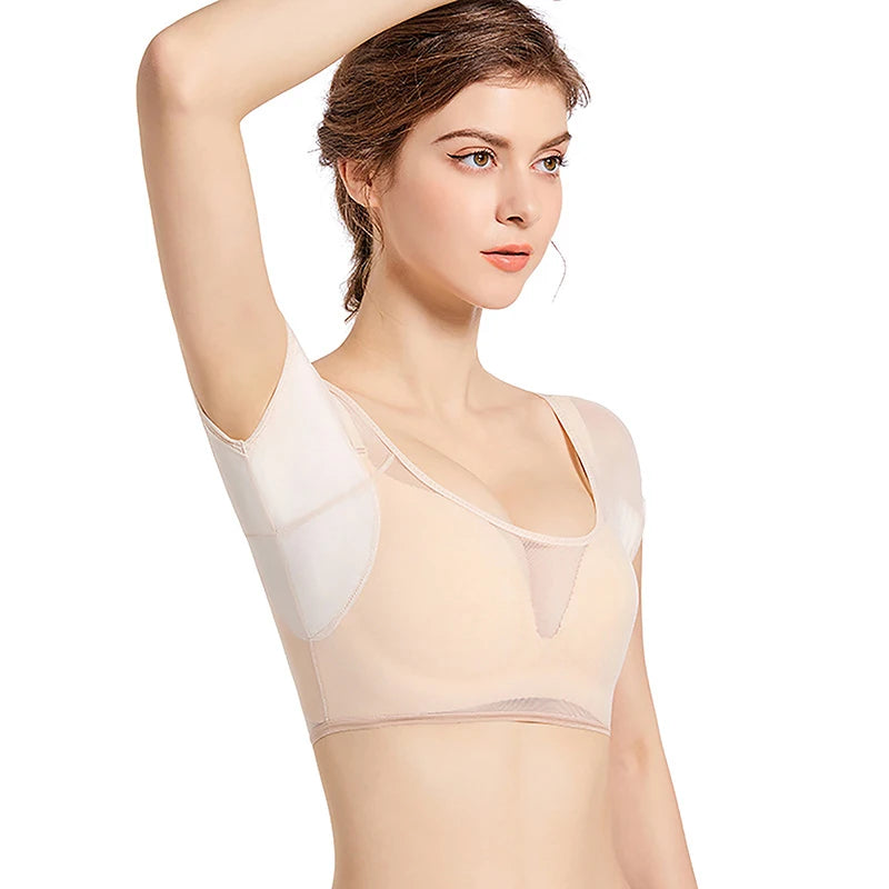 Transparent Mesh Ultra-thin Vest Absorbent Deodorant Pad Women T-shirt Washable Sweat Proof Under Top With Underarm Sweat Pads