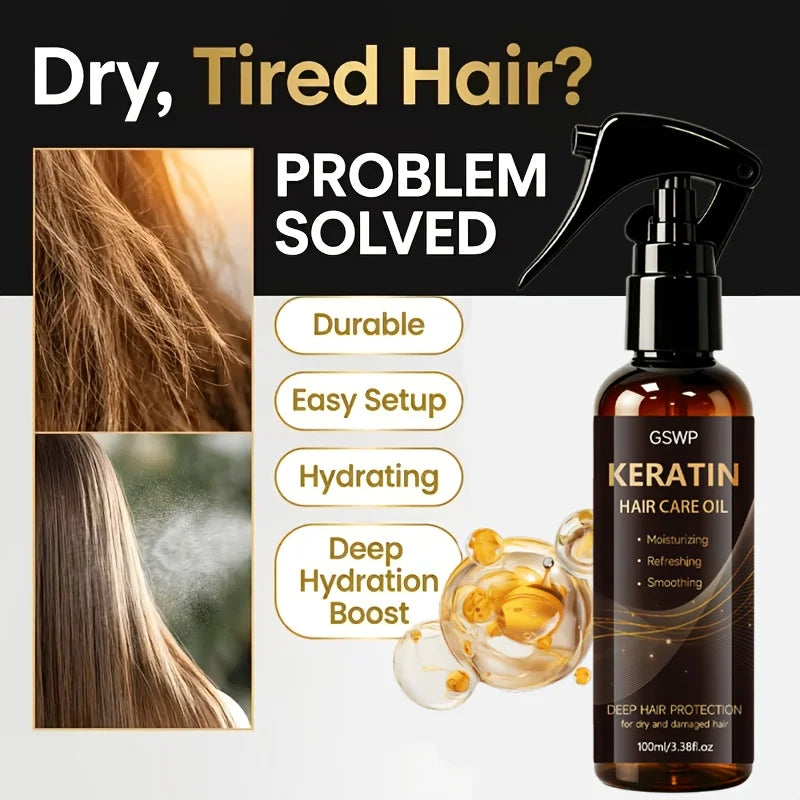 GSWP Keratin Hair Care Oil Spray,Deep Moisturizing,Heat Protection for Dry And Damaged Hair,Instant Smooth 10-in-1 No-Rinse100ml
