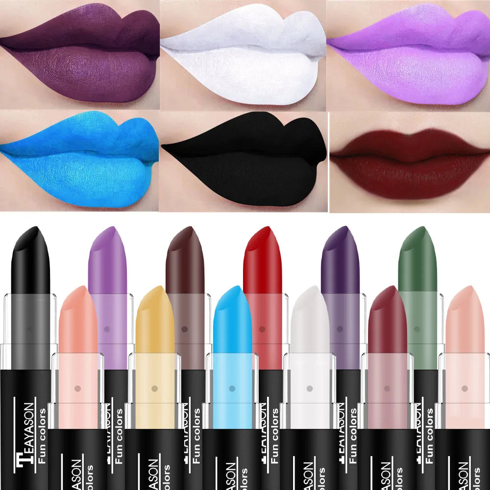 TEAYASON Matte Lipsticks 12 Colors Waterproof Long Lasting Lip Stain Non-stick Cup Sexy Red Black Lipstick Pigment Lip Cosmetics