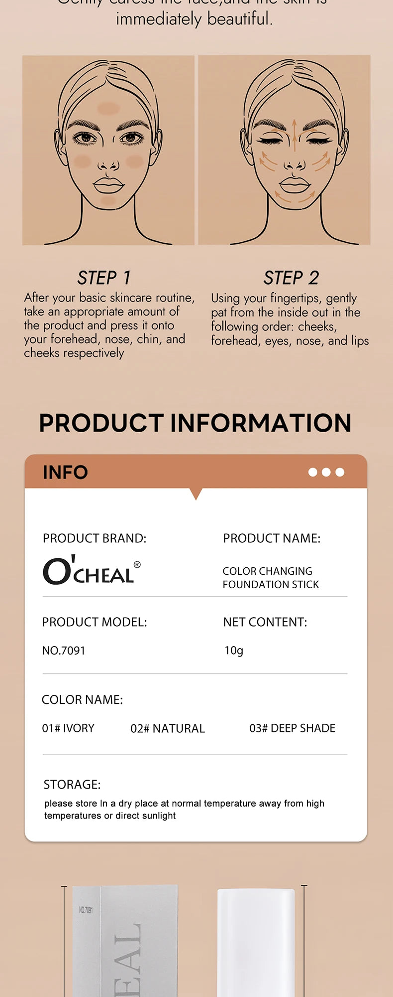 O'CHEAL Temperature Changing Foundation Stick Facial Coverage Blemishes Pores Double-Headed Face Matte Makeup Foundation Cream
