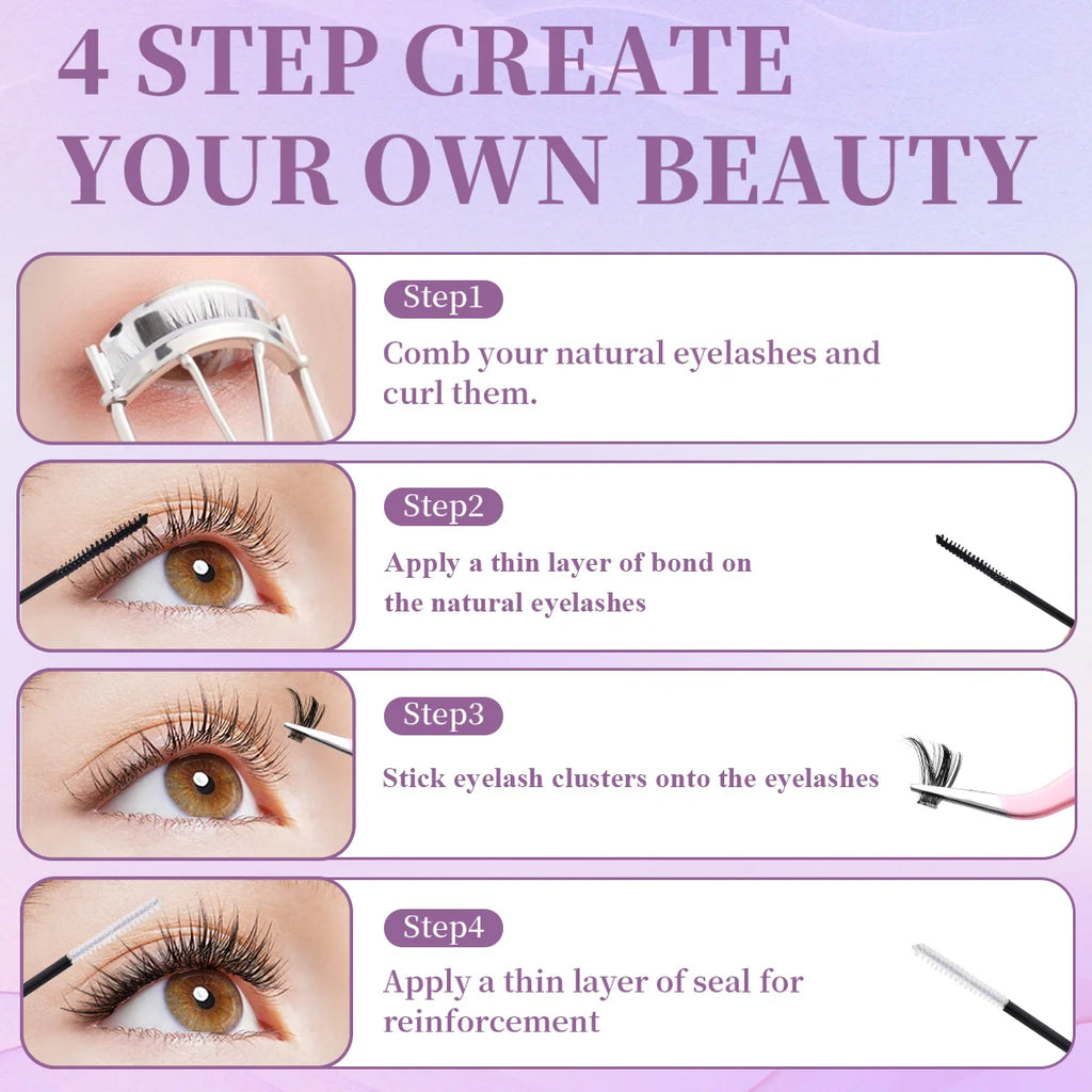ISEEN DIY Eyelash Extension Kit Cluster Mix Eyelashes Full Set Lashes Kit with Lash Bond & Seal and Eyelash Tweezers and Brush