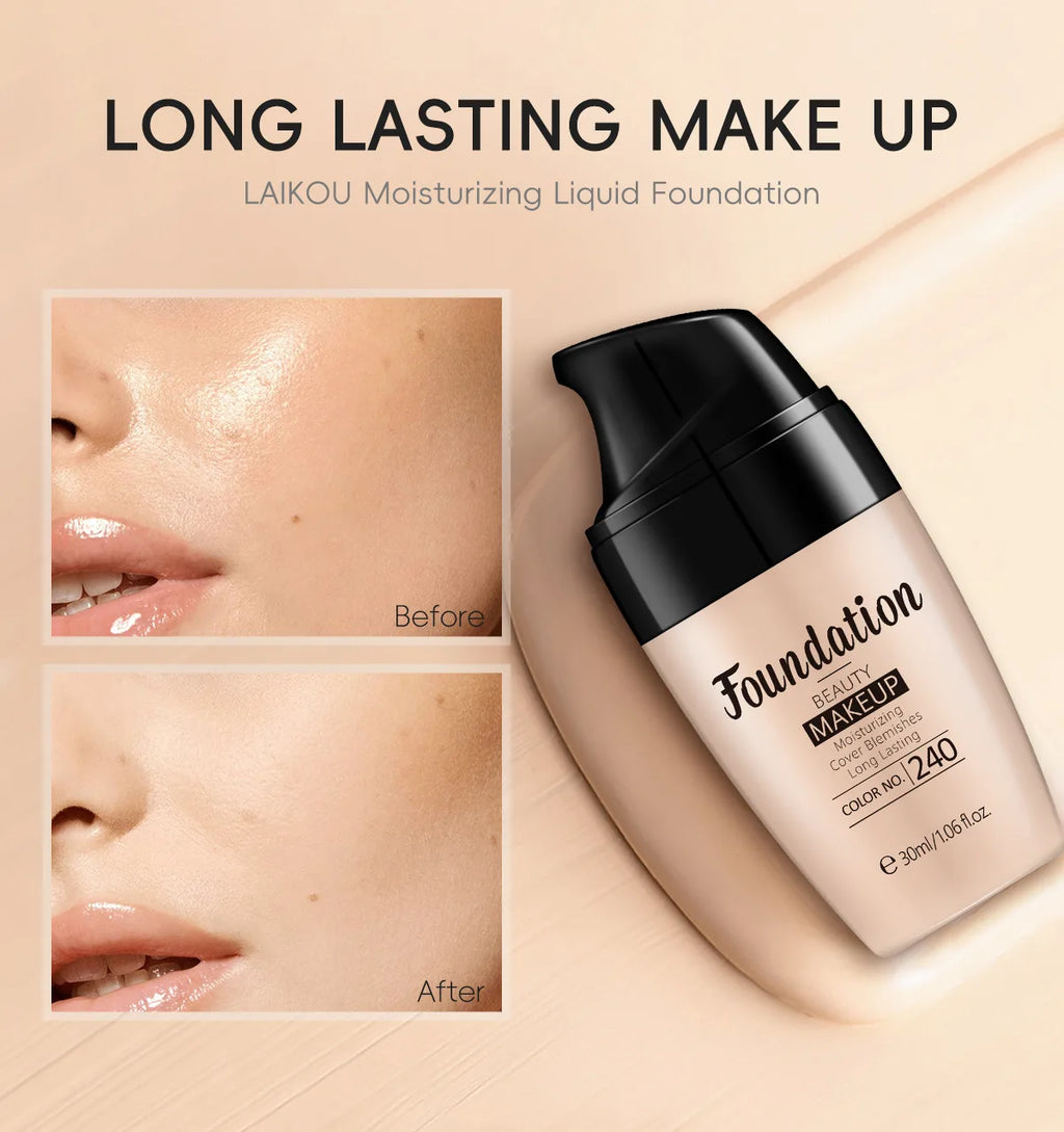 LAIKOU Liquid Foundation Multiple Shades Hydrating Natural Finish Creamy Full Coverage Makeup Base Long Lasting Wear 30ml