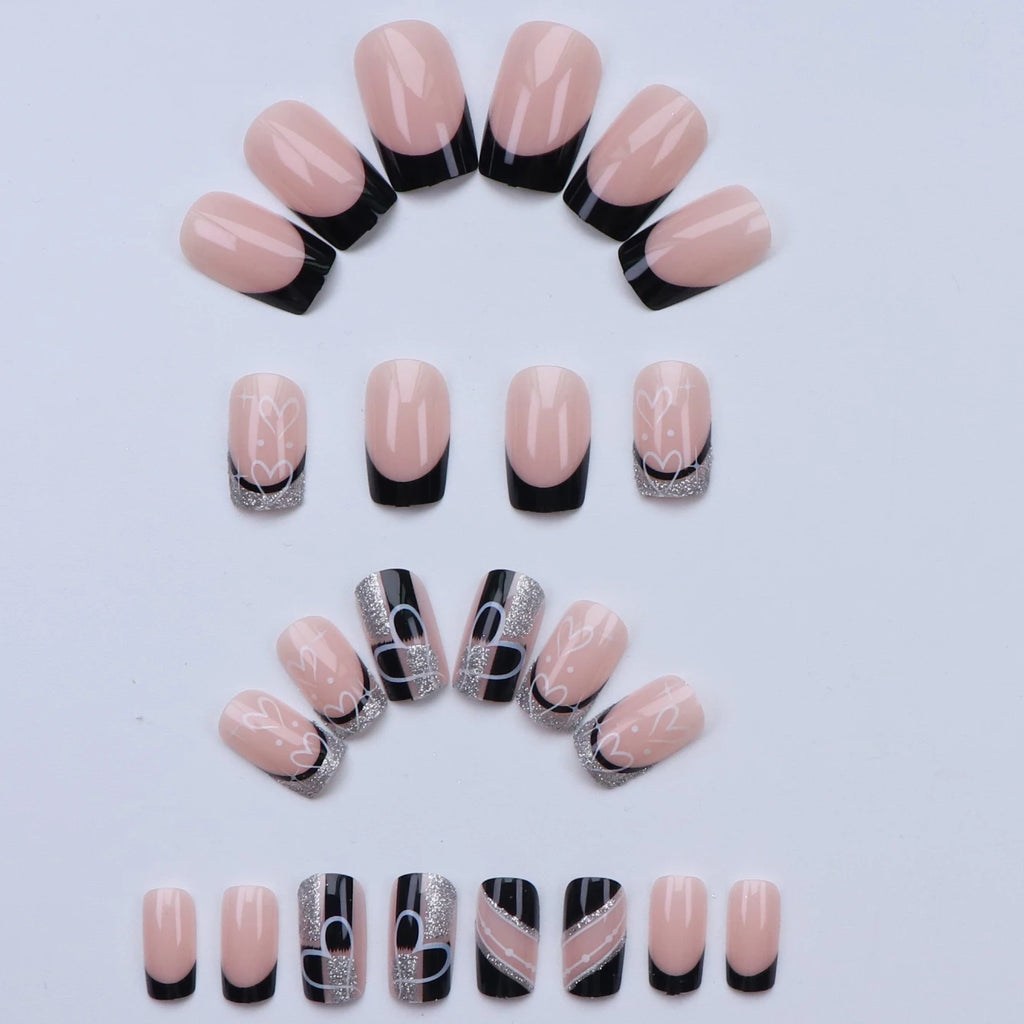 24pcs Black Square Silver Glitter Fake Nails Detachable and Reusable Jelly Glue 1pc Cuticle Pusher Suitable for Girl and Women