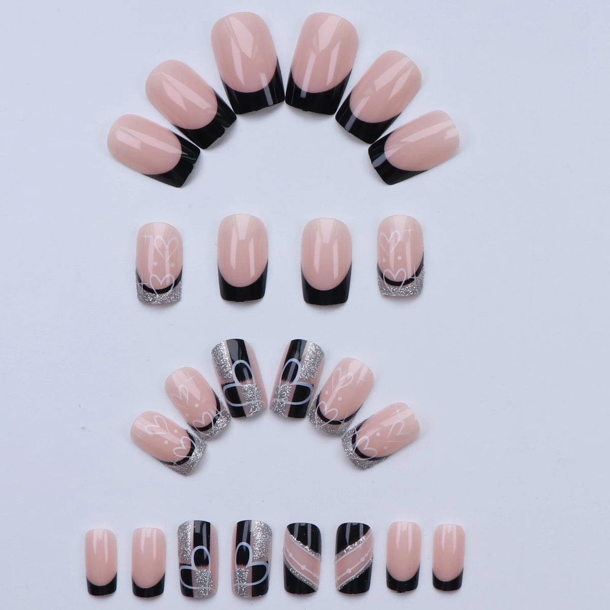 24pcs Black Square Silver Glitter Fake Nails Detachable and Reusable Jelly Glue 1pc Cuticle Pusher Suitable for Girl and Women