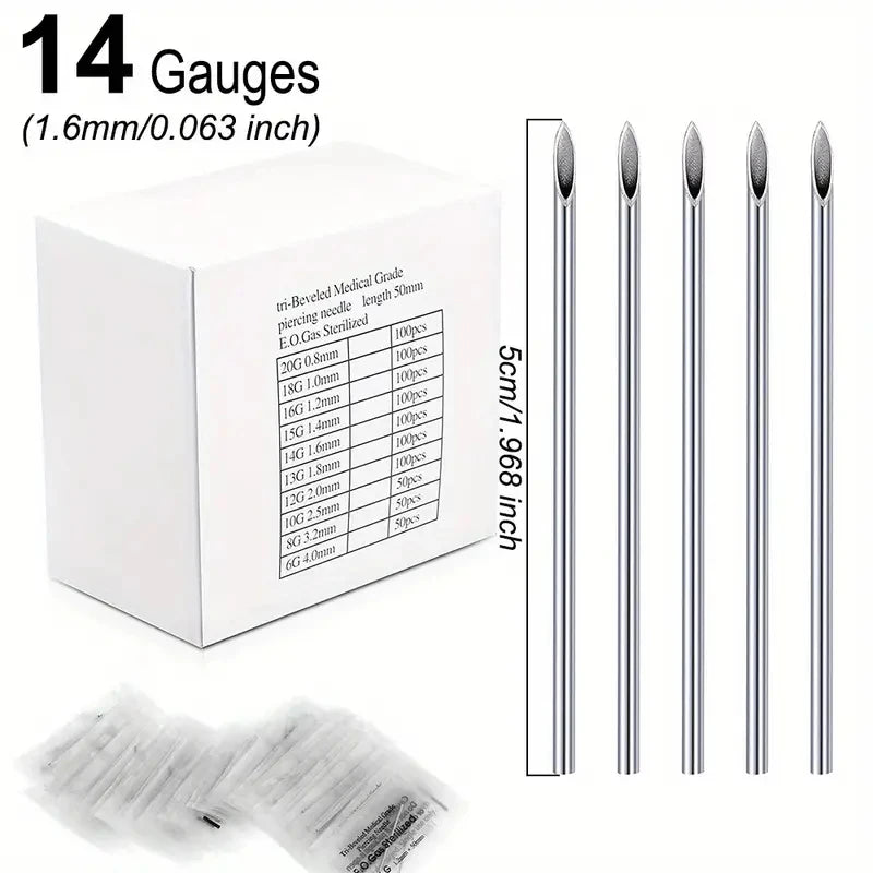 Disposable Sterile Body Piercing Needle 0.8/1 /1.2/1.4/1.6mm Stainless Steel for Ear Nose Belly Tongue Eyebrow Piercer Tools