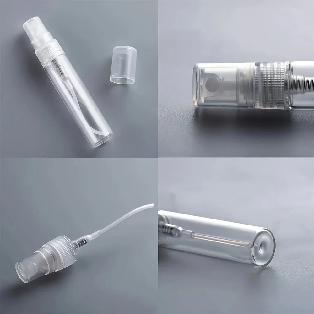 50pcs 4 Accessories 10ML Refillable Glass Spray Bottle with 50 Spray Bottles, 1 Dropper, 1 Funnel, 1 Dispenser Divan, 1 Syringe