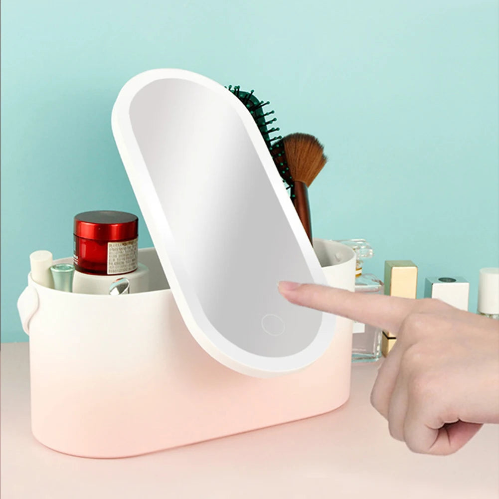 Makeup Organizer Box with LED Light Mirror Portable Travel Makeup Cosmetics Organizer Touch Light Storage Makeup Case