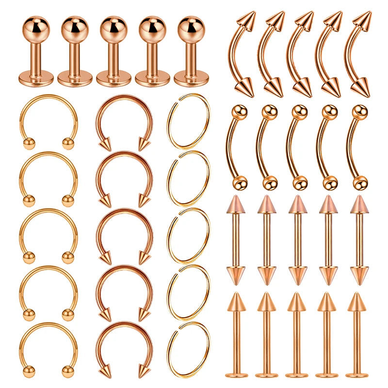 40PCS Surgical Steel Body Piercing Jewelry Lot Bulk Nose Ring Tongue Bar Lot Eyebrow Labret Piercing Set Horseshoe Ring Lot Pack