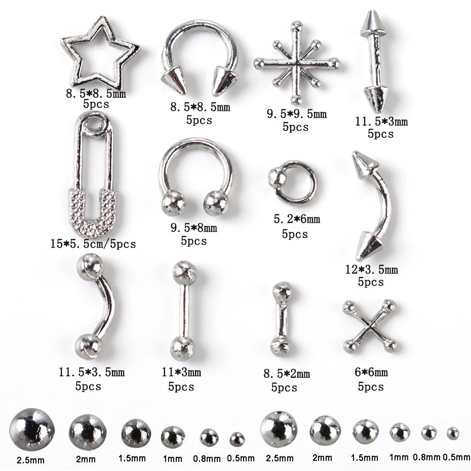 12 Grids Punk Silvery Gothic Punk Nail Charms Studs Metal Rivets Alloy Piercing Grunge DIY Nail Art Decoration Y2K Nail Supplies