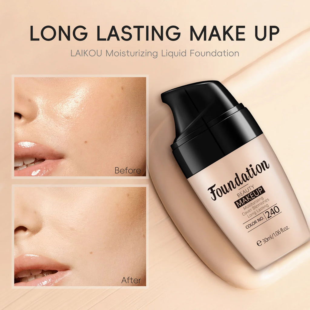 LAIKOU Liquid Foundation Multiple Shades Hydrating Natural Finish Creamy Full Coverage Makeup Base Long Lasting Wear 30ml