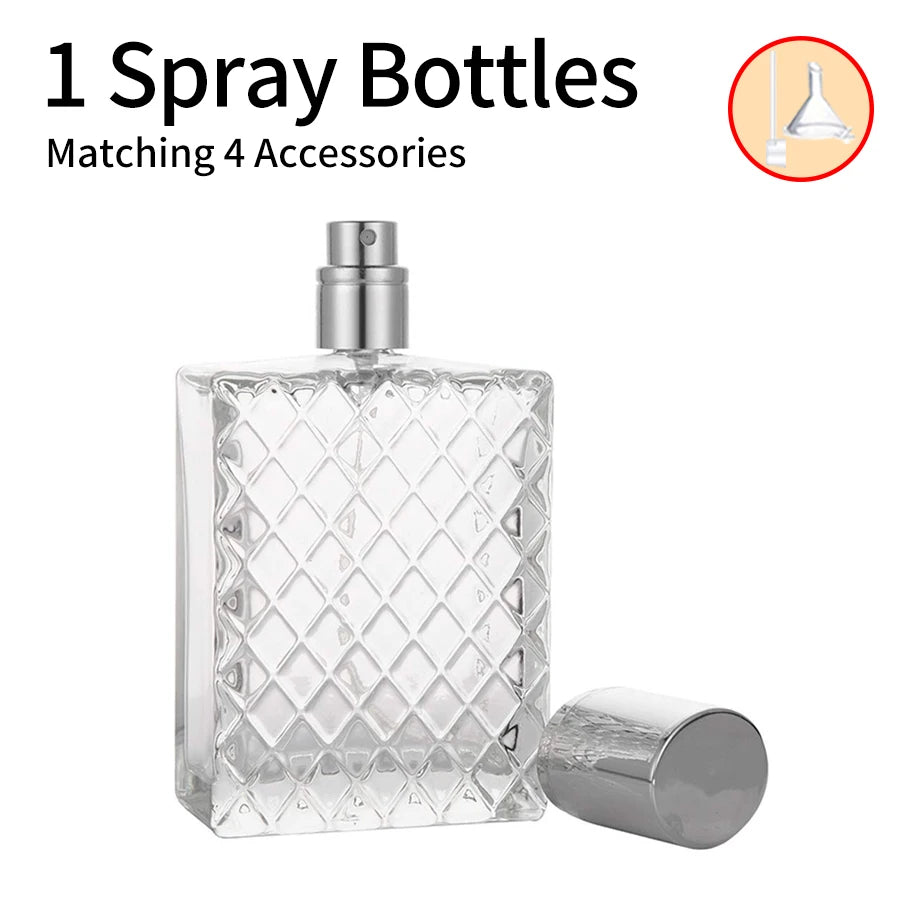 1pcs+2 Accessories 100ml Refillable Spray Perfume Bottle with 1 Spray Bottle, 1 Funnel, 1 Dispensing Tool