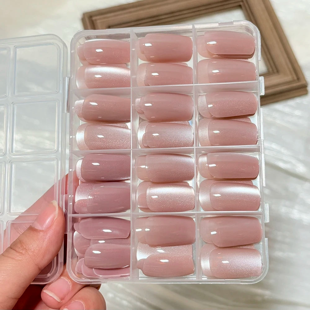 144Pcs/Box Nude Pink Cat's Eye Press On Nails Glossy Short Round Head Fake Nail Detachable Full Cover False Nailtip DIY Manicure