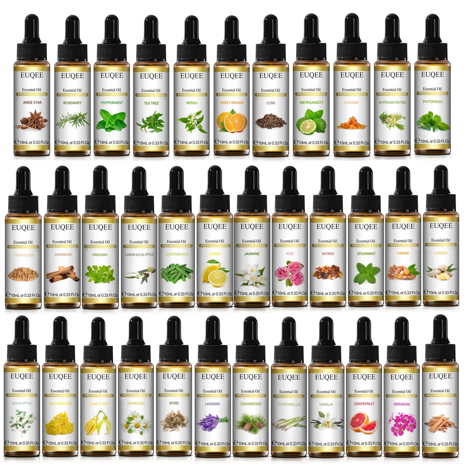 EUQEE 10ml Pure Essential Oil Peppermint Palo Santo Bergamot Eucalyptus Lavender Cinnamon Cedarwood Aromatherapy Essential Oils