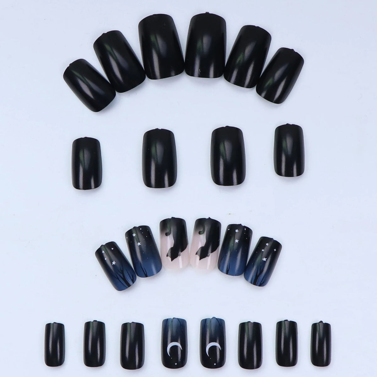 24PCS Design Short Square Shiny Black Cat Acrylic Fake Nail Glue And Blue Gradient Paste Suitable For Women And Girls