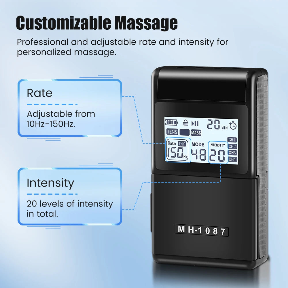 Digital TENS Unit Machine 4-Channel Tens Electrostimulator Rechargeable Body Muscle Stimulator with 20 Intensity for Pain Relief